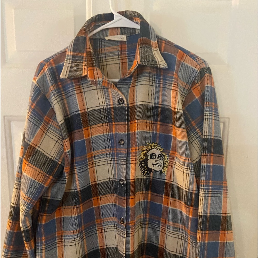 Adora Button Down Plaid Flannel Shacket Beatle Juice with pockets